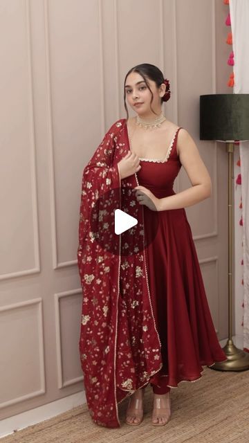 @bhaviniparis on Instagram: "#repost✨ @sharminpanjwani X @bhaviniparis ♥️ Ravishing in red, Sharmin styled it so beautifully that you watch it in on loop 😍🥀  Draped in glamour, our Anarkali suit set is a dance of tradition and modern allure – perfect for a wedding guest who loves to make a statement! 💃✨  Because weddings are basically fashion shows, and you're here to steal the spotlight. 🌟👠  Website link in bio order now!  bhaviniparis.com 🔗  Follow @bhaviniparis for more 🦋  [suit set, chiffon suit sets, heavy anarkalis, wedding wear outfits, festive wear, anarkali, lehariya sets, floral full sleeves suit sets, Indian wear, anarkali suits, suit sets for women, suit sets]" Red Outfit Makeup Ideas Indian, Anarkali Full Sleeve Suits, Wedding Guest Dress Indian Style, Full Sleeves Anarkali Dress, Red Anarkali Suits Wedding, Festive Outfits Indian, Suit Ideas For Women Indian, Red Suits For Women Indian, Trendy Traditional Indian Outfits