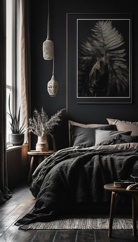 Harmony In Design, Black Walls Bedroom, Dream Dark, Minimalistic Wall Art, Black Bedroom Decor, Holiday Bedroom, Black Rooms, Dark Bedroom, Black Bedroom