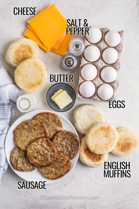 A savory breakfast sandwich is a perfect start to any day! This high-protein meal is the best for batch cooking. Crusty English muffins taste great with eggs, cheese, and sausage rounds. So easy, versatile, and delicious. Skip the drive-through and make this tasty breakfast to go! #breakfastsandwich #makeahead #spendwithpennies #freezerfriendly Breakfast Sandwich Make Ahead, Homemade Breakfast Sandwich, Healthy English Muffin, Sausage Egg Sandwich, Sausage Sandwich Recipes, English Muffins Sandwich, English Muffin Breakfast Sandwich, Sausage Egg Muffins, Breakfast To Go