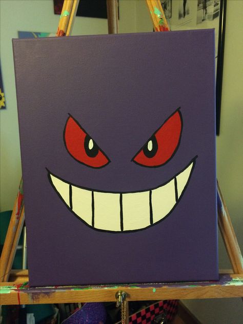 Pokemon Wall Drawings, Gengar Pokemon Painting, Pokemon Easy Painting, Simple Pokemon Painting, Gengar Pokemon Drawing, Pokemon Canvas Painting Easy, Pokemon Canvas Art, Gengar Painting Canvas, Beginner Painting Ideas Easy Simple Cute