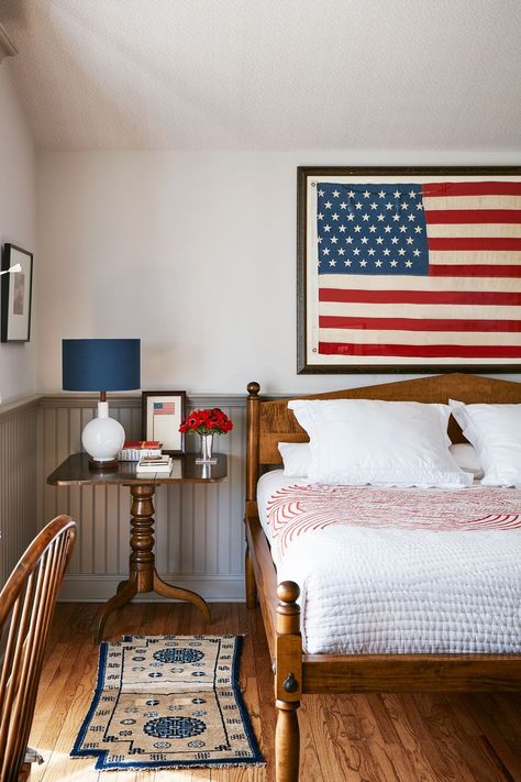 patriotic bedroom decor with framed american flag Armchair Bed, Bedroom Furnishings, Bedroom Remodel, Big Boy Room, Remodel Bedroom, Sofa Armchair, If You, Bedroom Colors, Interior Design Trends