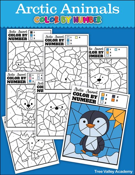 Free printable color by number worksheets of 7 winter or arctic animals. The free downloadable pdf includes a coloring page of an orca, narwhal, polar bear, arctic fox, walrus, moose and penguin. Perfect for kindergarten or preschool children. Fun worksheets to help kids practice number recognition of the numbers 1-5. Walrus Activities, Arctic Animals Printables, Arctic Animals Preschool Activities, Prek Printables, Arctic Animals Preschool, Animals Preschool, Animal Lessons, January Activities, Maths Resources