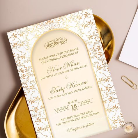 5x7 in. Islamic Wedding invitation template, editable template, white and gold islamic wedding invitation template, white and gold nikkah invitation, white and gold shaadi invitation, elegant islamic wedding invitation template Shaadi Invitation, Islamic Invitation, Nikkah Invitation, Wedding Pen, Digital Invitations Wedding, Invitation Elegant, Islamic Wedding, English Wedding, Digital Wedding Invitations