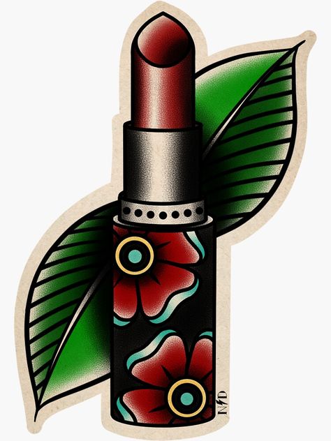 Oil Lamp Tattoo Traditional, Red Lipstick Tattoo, Girly American Traditional Tattoo Ideas, Traditional Tattoo Painting, Lipstick Sticker, Skin Doodles, Holy Tattoos, Lipstick Tattoo, Traditional Tattoo Drawings