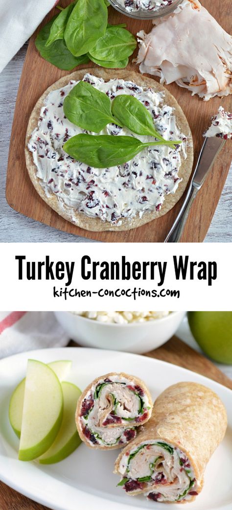 Top photo: an open face tortilla with cranberry cream cheese and spinach Bottom photo: prepared Cranberry Turkey Wrap served on a white plate with apple slices and a bowl of popcorn. Cranberry Turkey, Turkey Cranberry, Quick Healthy Lunch, Cold Lunches, Easy Healthy Lunches, Work Meals, Lunch Recipe, Prepped Lunches, Lunch Recipes Healthy