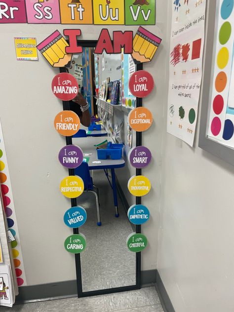 Preschool Mirror Decor, Cool Preschool Classrooms, Kg3 Classroom Decoration, Affirmation Classroom Door, Kindness Decorations Classroom Decor, Motivation Mirror Classroom, Decorating Ideas For Preschool Classroom, Preschool Room Decor Classroom Setup, Mirror In Preschool Classroom