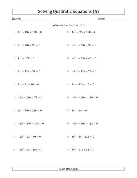 The Solving Quadratic Equations with Positive or Negative 'a' Coefficients of 1 with a Common Factor Step (A) Math Worksheet Fact Family Worksheet, Thanksgiving Math Worksheets, Money Math Worksheets, Number Sense Worksheets, Multiplication Facts Worksheets, Halloween Math Worksheets, Integers Worksheet, Christmas Math Worksheets, Quadratic Equations