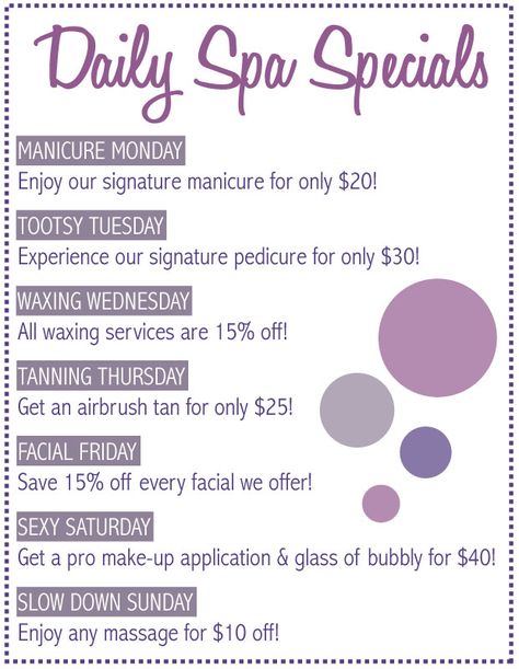 Spa Packages Ideas Spas, Facial Ideas Spas, Beauty Salon Promotion Ideas, Nail Salon Promotion Ideas, Esthetician Specials Ideas, Opening A Medical Spa, Esthetician Promotion Ideas, Salon Event Ideas, Spa Promotion Ideas