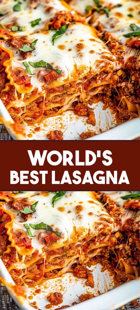 Discover the ultimate lasagna recipe that will tantalize your taste buds and satisfy your cravings! This mouthwatering homemade lasagna is a perfect blend of sweet Italian sausage, lean ground beef, and a medley of aromatic herbs and spices. Layered with creamy ricotta cheese, gooey mozzarella, and grated Parmesan, every bite is a burst of flavor. Perfect for family dinners, gatherings, or cozy nights in, this classic Italian dish is sure to become a favorite. Most Amazing Lasagna, Easy Lasagna Recipe With Ricotta, World's Best Lasagna, Worlds Best Lasagna, Homemade Bolognese Sauce, Homemade Lasagna Recipes, Classic Lasagna Recipe, Lasagna Recipe With Ricotta, Pasta Homemade