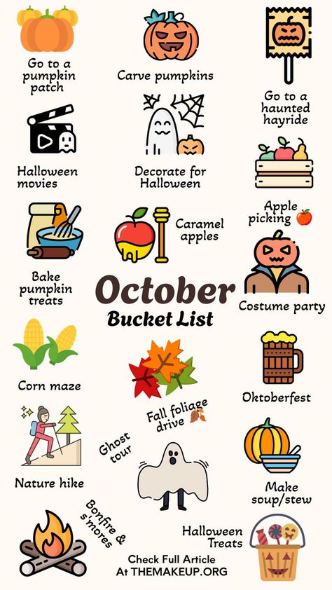 October Bucket List: Fun Fall Activities & Spooky Season Ideas October Fall Activities, Things To Do On October 1st, Month Of October Activities, Diy Fall Activities, Autumn Stuff To Do, Halloween Weekend Ideas, Things To Do On Halloween Alone, Halloween Month Activities, Halloween Bukett List