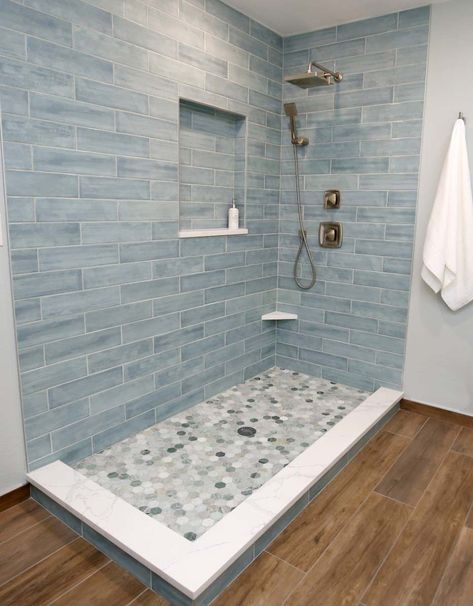 Blue Shower Tile, Blue Bathroom Tile, Beach House Bathroom, Modern Bathroom Tile, Bathroom Redesign, Bathroom Shower Tile, Bathroom Remodel Designs, Bathroom Remodel Shower, Small Bathroom Design