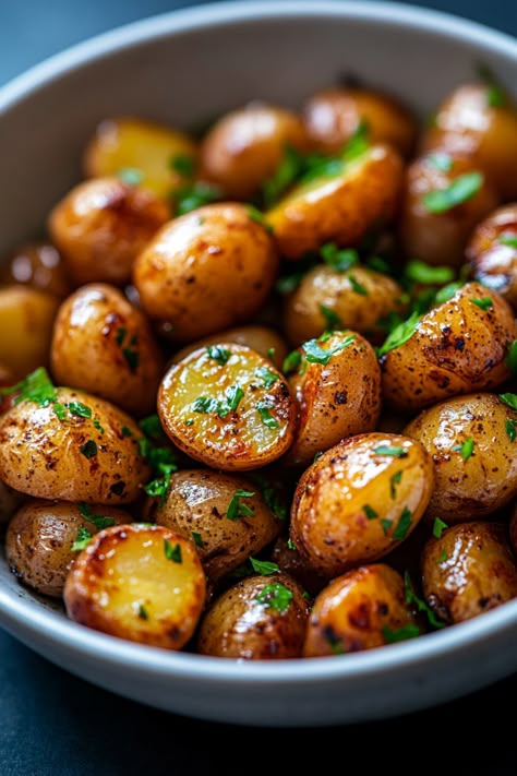 Roasted baby potatoes garnished with chopped parsley in a bowl. Simple Recipes Air Fryer, Airfryer Baby Potatoes, Small Golden Potatoes Recipes Air Fryer, Red Baby Potatoes Recipes, Air Fry Small Potatoes, Air Fryer Recipes Simple, Air Fry Baby Potatoes, Air Fryer Baby Potatoes Recipes, Air Fryer Small Potatoes