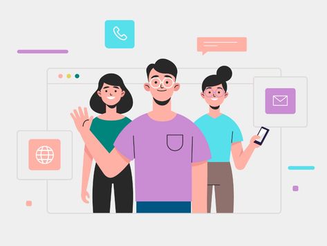 Contact us concept by Jonathan Larenas on Dribbble Contact Illustration, Animated Person, Technology Template, Flat Design Illustration, Video Production Company, Copyright Free, Vector Character, People Illustration, Free Vectors