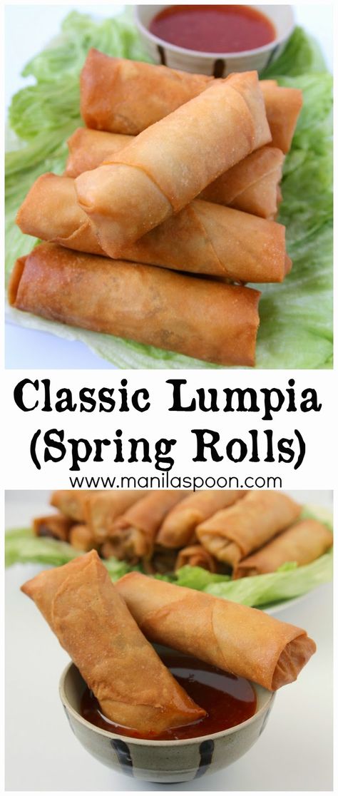 These crunchy and delicious spring rolls (Lumpia) are the perfect appetizers for Thanksgiving, Christmas, New Year or any holiday party and great for snacking, too. Fully vegetarian. #lumpia Dips Vegetarian, Vegetarian Spring Rolls, Parties Food, Cibo Asiatico, Diy Easy Recipes, Food Appetizers, Ideas Food, Thanksgiving Appetizers, Perfect Appetizers