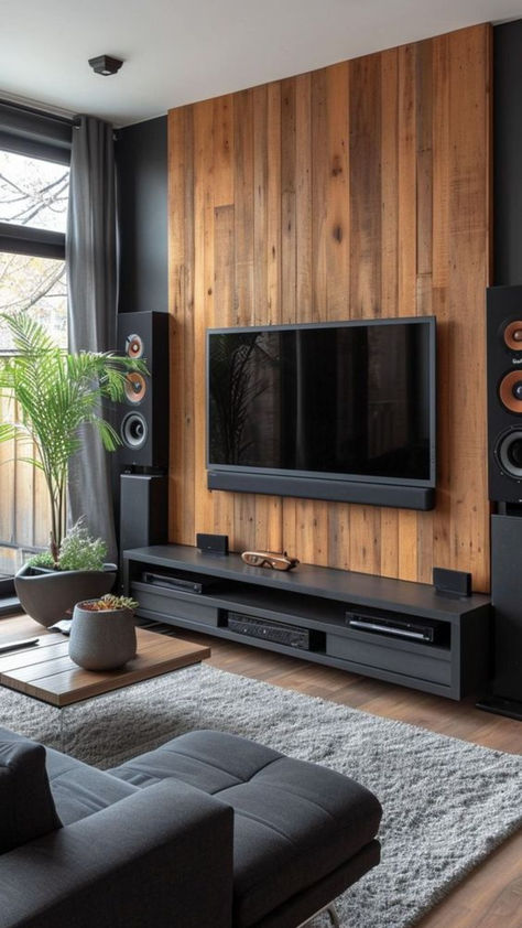 Modernize Your Living Room: TV Wall Mount Ideas for Trendy Interior Design 📺🏠 Tv Entertainment Furniture, Where To Place Tv In Living Room, Tv Wall Mount Design, Wood Wall Feature Living Room, Modern Wood Wall Design Ideas, Home Entertainment Ideas, Tv Stand Wall Mount, Tv Wall Design Living Room Wood, Simple Contemporary Living Room