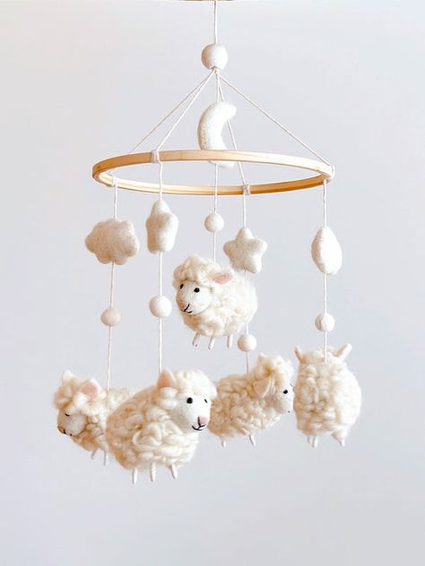 Baby Mobile: Sheep Felt Nursery Mobile, Felt Mobile Baby, Sheep Nursery Theme, Diy Mobile Baby, Nursery Diy Decor, Whimsical Mobile, Baby Mobile Ideas, Baby Mobile Diy, Bedside Nursery