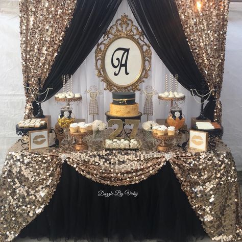 Retirement Party Cake Table, 50th Birthday Cake Table Ideas, Black And Gold Treat Table Ideas, Black And Gold Candy Table Ideas, Black And Gold Birthday Table Decor, Black And Gold Cake Table, Wedding Cake Table Decorations Elegant, Gold And Black Dessert Table, Dessert Table Quinceanera