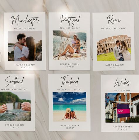 Absolutely so so thankful for our lovely customers 🤩 Emily ordered our NEW wedding table cards. Instead of table numbers, we capture key moments in special places of your life together ✨💕 Emily chose her favourite places with her soon to be hubby Chris, complete with photos and their special date. She will be soon purchasing a matching “find your seat” board to match 💛 Thank you for a lovely review, Emily! We are so happy to hear you LOVE your order! Here at RMC, we always strive to pr... Wedding Table Numbers Places, Table Names Wedding, Unique Table Numbers Wedding, Destination Places, Name Cards Wedding, Unique Table Numbers, Wedding Table Name, Wedding Seating Plan, Photo Table