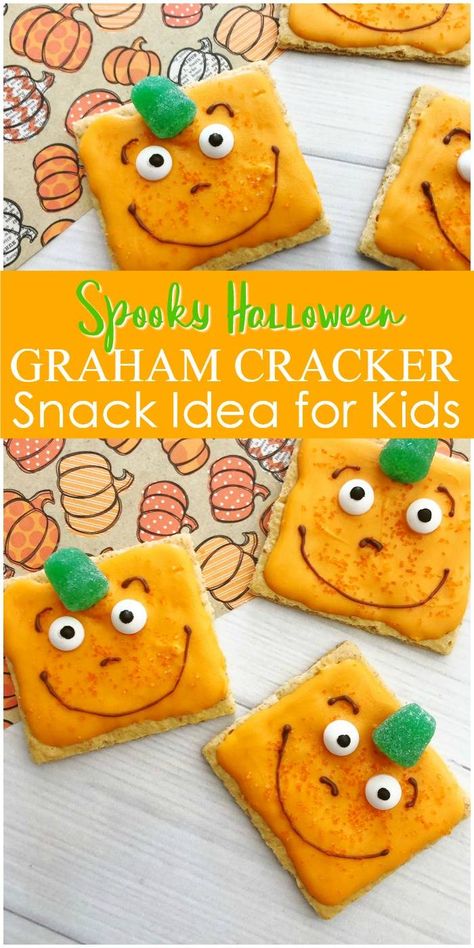 Spooky Pumpkin Graham Cracker Recipe for Halloween Spooky The Square Pumpkin Snack, Graham Cracker Halloween Treats, Halloween Snacks For Preschool, Pumpkin Snacks For Preschool, Pumpkin Treats For Kids, Preschool Halloween Snacks, Pumpkin Snacks For Kids, Preschool Cooking Activities No Bake, Pumpkin Graham Cracker