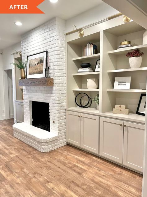 Cabinets On Side Of Fireplace Built Ins, Painting Built In Cabinets, Built In Bookshelves Next To Fireplace, Built In Shelves Paint Ideas, Built In Shelves Next To Fireplace, White Built Ins Around Fireplace, Builtin Bookshelves Fireplace, Bookcases Next To Fireplace, Bookshelves By Fireplace