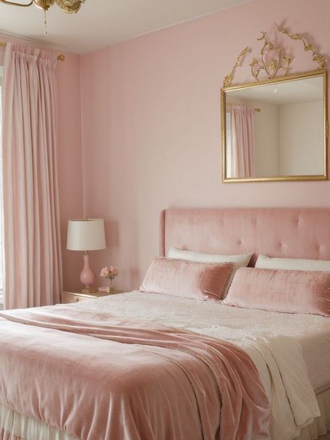 Create a dreamy pastel pink bedroom aesthetic by incorporating a plush blush velvet headboard and matching soft pink curtains. Add a touch of whimsy with a gold sunburst mirror and drape fairy lights around the bed for a romantic atmosphere. Rose Bedroom Decor, Dusty Rose Bedroom, Feminine Bedroom Design, Dusty Pink Bedroom, Opulent Bedroom, Elegant Bedroom Design, Feminine Bedroom, Fairy Lights Bedroom, Gold Bedroom