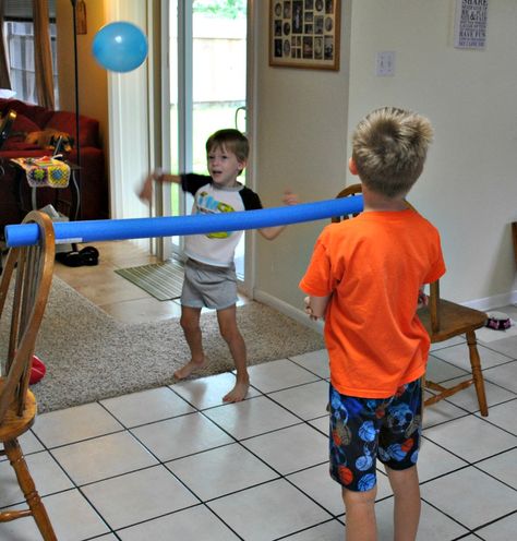 Indoor volleyball. Pool noodle tucked in chairs, balloon. Enjoy! Balloon Games For Kids, Superhero Games, Superhero Training, Noodles Ideas, Indoor Volleyball, Gross Motor Activities, Happy Children, Pool Noodle, Family Fun Games