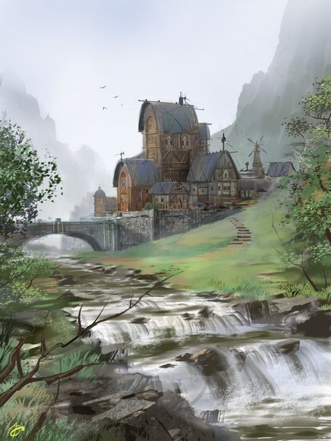 Tags: Fantasy art, setting environment, village, river Source: Artist's page on ArtStation.com Artist: Allen Song Title: Quiet Village Fantasy Village, Fantasy Town, Heroic Fantasy, Rpg Map, Château Fort, Location Inspiration, Level Design, Fantasy City, Fantasy Castle