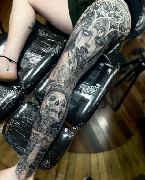 Dark Tattoos Leg Sleeve, Scary Leg Sleeve Tattoo, Goth Leg Sleeve Tattoo, Gothic Leg Sleeve Tattoo, Gothic Realism Tattoo, Dark Leg Sleeve Tattoo, Gothic Leg Tattoos, Half Leg Sleeves For Females, Amy Tattoo