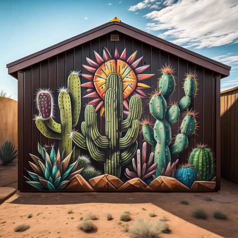 Mexican Exterior Design, Aztec Wall Mural, Building Mural Ideas, Western Wall Murals Paintings, Mural On Side Of House, Mural On Metal Building, Western Mural Ideas, Shed Murals Outdoor Easy, Cactus Wall Painting