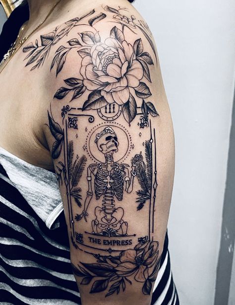 Embassy Tattoo - floral empress tarot tattoo, tarot, foliage, occult, skeleton Tarot Card Tattoo, Tarot Tattoo, Card Tattoo Designs, Skeleton Tattoo, Empress Tarot, Occult Tattoo, Witch Tattoo, Skeleton Tattoos, Muster Tattoos