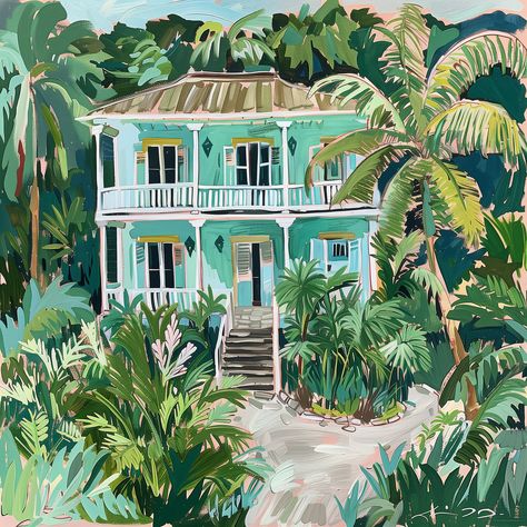 Caribbean House Canvas Romantic Print Mint and Green Print Tropical Home Caribbean Postcard, Barbados Art, Caribbean Style Homes, Key West Style Homes, Caribbean House, Caribbean Colors, Caribbean Decor, Aqua And Green, House Canvas