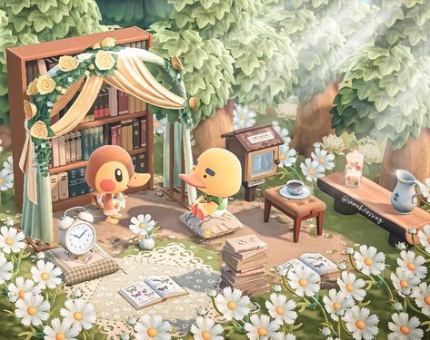 Small Area Builds Acnh, Acnh Reading Nook, Acnh Duck Design, Acnh Bookshelf Design, Animal Crossing Wedding Ideas, Animal Crossing Rug Design, Acnh Rug Design Code, Animal Crossing Themes, Animal Crossing Wedding