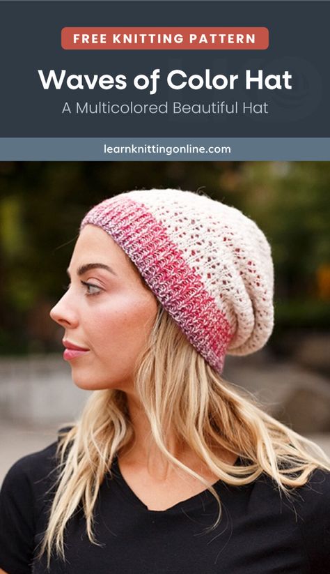 Add this lovely Waves of Color Knit Hat to your winter accessory collection. It's a reversible hat that you can work in your favorite colors. The double-layer makes it extra warm and provides many options for different color combinations. The pattern is ideal for intermediate knitters to work on.| More free knitting patterns and tutorials at learnknittingonline.com Hat Free Knitting Pattern, Winter Knitting Patterns, Fall Knitting Patterns, Colorful Waves, Travel Free, Knit Headband Pattern, Easy Knitting Projects, Fall Knitting, Beginner Knitting Patterns