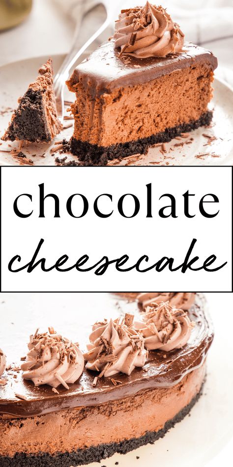 This Chocolate Cheesecake is a deliciously creamy and indulgent dessert with a chocolate cookie crust and topped with a decadent chocolate ganache. The PERFECT homemade chocolate cheesecake, no water bath required, and easy to make with our pro tips, tricks and secrets! Recipe from thebusybaker.ca! #chocolatecheesecake #cheesecakerecipe #easycheesecakerecipe #chocolatecheesecakerecipe #chocolateganache #mochacheesecake #easychocolatecheesecake via @busybakerblog Chocolate Cheesecake Baked, Baked Chocolate Cheesecake Recipe, Chocolate Cottage Cheesecake, Cheesecake No Water Bath, Cheesecake Recipe No Water Bath, Baked Chocolate Cheesecake, Cheesecake With Chocolate Ganache, Easy Chocolate Cheesecake, Chocolate Pie Filling