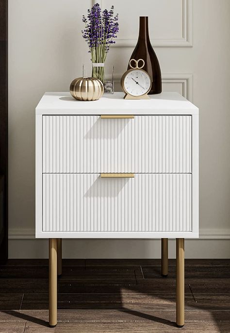 White And Gold Nightstand Bedroom, Cute Side Tables For Bedroom, Aesthetic Bed Side Table, Bed Side Table Aesthetic, Cute Nightstands, Night Stand Aesthetic, White Bed Side Table, Bedside Table Aesthetic, Aesthetic Nightstand