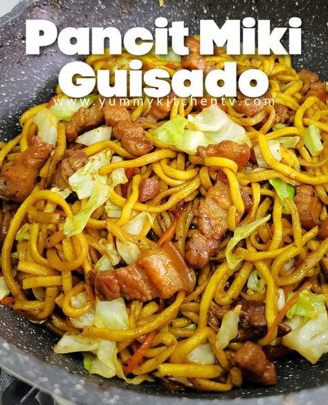 Pancit Miki - Yummy Kitchen Pancit Miki Guisado, Filipino Noodle Recipes, Pansit Guisado Filipino Recipes, Philippine Pancit, Miki Noodles Recipe, Filipino Meals, Pilipino Food Recipe, Guisado Recipe, Chamorro Food