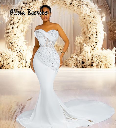 Niveous White Strapless Luxury Wedding Dresses 2024 Beaded Pearls Mermaid African Aso Ebi Engagement Fairwell Hairstyles, Fairwell Dresses, Latest Wedding Gowns, African Bridal Dress, Luxury Wedding Dresses, Engagement Gowns, Dresses Bride, Wedding Dressses, Wedding Dresses 2024