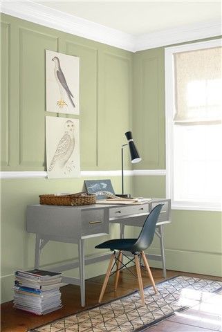 Look at the paint colour combination I created with Benjamin Moore. Via @benjamin_moore. Upper Wall: Spring has Sprung CSP-835; Lower Wall: Urban Nature AF-440; Trim: White OC-151; Ceiling: Steam AF-15. Benjamin Moore Lavender, Neutral Gray Paint, Warm Grey Paint Colors, Warm Gray Paint, Blue Gray Paint Colors, Benjamin Moore Gray, Greige Paint Colors, Color Combinations Paint, Blue Gray Paint