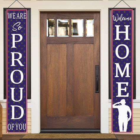 PRICES MAY VARY. Package Including:1 x Welcome Home &1 x We Are So Proud Of You Material:Made of weather resistant 300D polyester Oxford Fabric. Easy To Hang:Includes attached rod at top to hang on your front porch, door or entryway. Each banner flag comes with 2 grommets on the bottom so you can attach weights on to prevent it from flying around in the wind Good Additions Home Decor: The "WELCOME HOME" banners are great for welcome home party decoration, it is the best idea to welcome soldier, Welcome Home Decorations Ideas Party, Deployment Homecoming Signs, Army Homecoming, Wall Blackboard, Home Porch Sign, Indoor Outdoor Porch, Outdoor Porch Decor, Military Welcome Home, Us Army Flag