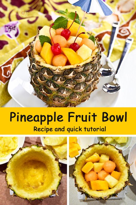 A quick tutorial on how to prepare a pineapple bowl filled with seasonal fruits as a fun summer treat. | Food to gladden the heart at RotiNRice.com #RotiNRice Fruit In Pineapple Bowl, How To Make A Pineapple Bowl, Houseboat Meals, Pineapple Fruit Bowl, Vitamin Bar, Fancy Presentation, Pineapple Cocktails, Pineapple Bowls, Pineapple Bowl