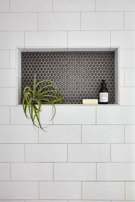 Shower niche with large subway tile and penny tile. #Bathroom #MinimalistBathrooms #Renovation Large Subway Tile, Tile Shower Niche, White Subway Tile Bathroom, Bathroom Niche, Subway Tile Showers, Subway Tiles Bathroom, New House Bathroom, Penny Tile, Bad Inspiration