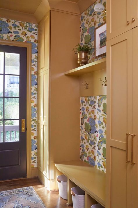 Yellow Cabinets, Mud Room Storage, Mudroom Design, With Wallpaper, Boot Room, Laundry Mud Room, Up House, Room Wallpaper, Front Room