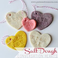 Salt Dough Conversation Hearts are so perfect for Valentine's Day! An easy, super-cute craft that's perfect for little hands! Diy Salt Dough, Salt Dough Crafts, Handprint Ornaments, Easy Valentine Crafts, Preschool Valentines, Valentine Crafts For Kids, Conversation Hearts, Diy And Crafts Sewing, My Funny Valentine