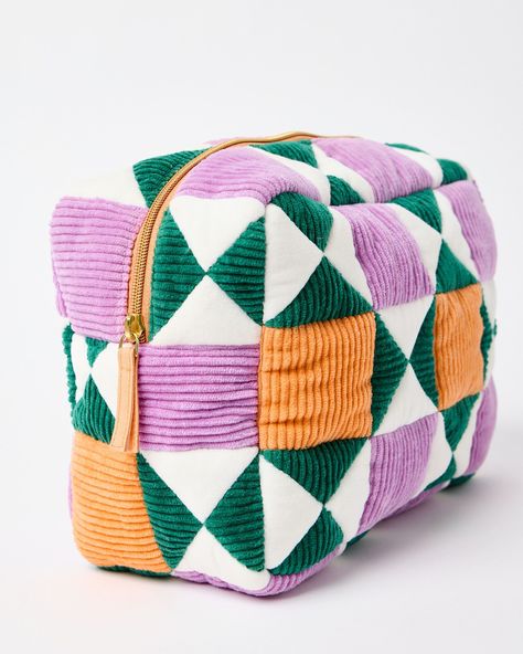 Fabric wash bag made from patchwork orange, green and purple corduroy sewn in a geometric pattern. Cute Geometric Pattern, Quilters Bag, Sewing Pouch, Patchwork Pouch, Patchwork Purse, Quilted Gifts, Green Quilt, Macrame Decor, Oliver Bonas