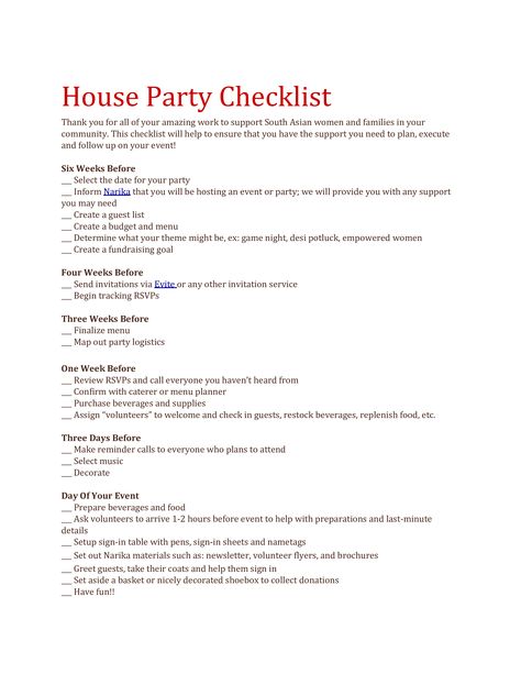 House Party Checklist - How to create a House Party Checklist? Download this House Party Checklist template now! How To Become A Party Planner, Party Preparation Checklist, Party List Checklist, House Party Checklist, House Party Planning, Leavers Party, Party Planning Checklist, Party List, Party Checklist