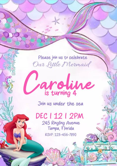 Mermaid Birthday Invitations Free, Happy Birthday Templates, Little Mermaid Invitations, Mermaid Party Invitations, Birthday Party Invitations Free, Mermaid Birthday Party Invitations, Mermaid Pool Parties, Ariel Birthday Party, Mermaid Party Favors