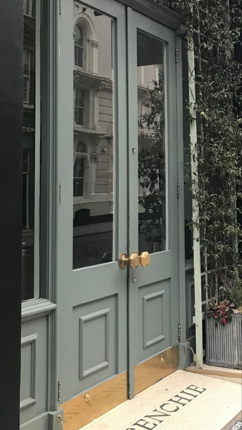 London door way. Restaurant. Sage green Sage Green French Doors, London Front Door, Olive Green Front Door, Sage Green Front Door, Sage Green Door, Enclosed Front Porches, Grey Front Door, Stucco Paint, Shop Image