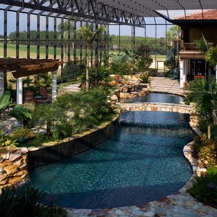 Pool Design Ideas, Inspiration, Pictures and Remodels Tropical Swimming Pool, Cavendish Banana, Pool Screen Enclosure, Mediterranean Pool, Indoor Swimming Pool Design, Trellis Indoor, Indoor Pool Design, Dream Backyard Pool, Stone Floors