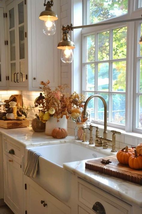 Autumn Decor Ideas.. you're welcome 🧡 🍂🌰🍁🍂🌰🍁🍂🌰🍁🍂🌰🍁🍂🌰🍁 Fall Farmhouse Interior, Fall Houses Interior, Fall Top Of Fridge Decor, Fall Colors Interior Design, Fall Decor For Top Of Cabinets, Country Cottage Fall Decor, Autumn House Decor Kitchen, Fall Decor Cottage, Fall Home Aesthetic Kitchen