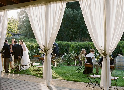 Outdoor Wedding Curtains, Decorate Tent Poles For Wedding, Cheesecloth Draping Wedding, How To Decorate A Pavilion For A Wedding, Outdoor Pavillion Wedding Reception, Wedding Pavillion Ideas, Pavillion Wedding Draping, Carport Wedding Reception, Decorating Rafters For Wedding